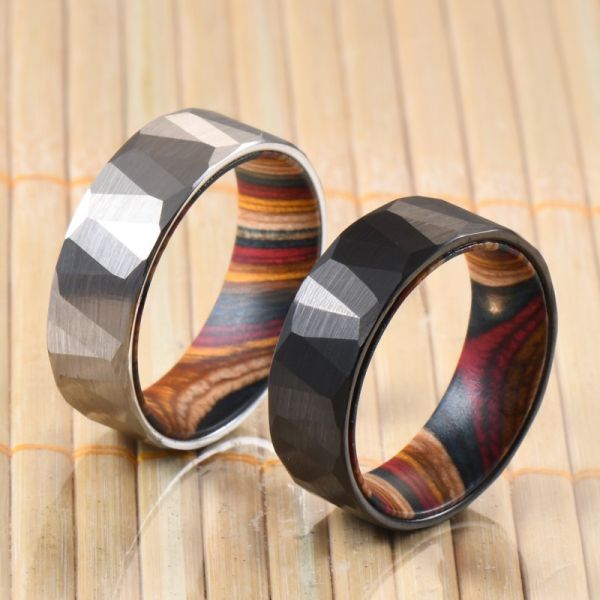 Sample Making Service 8mm Wedding Rings Box Elder Wood Colourful Hammered Black Faceted Tungsten Carbide Ring