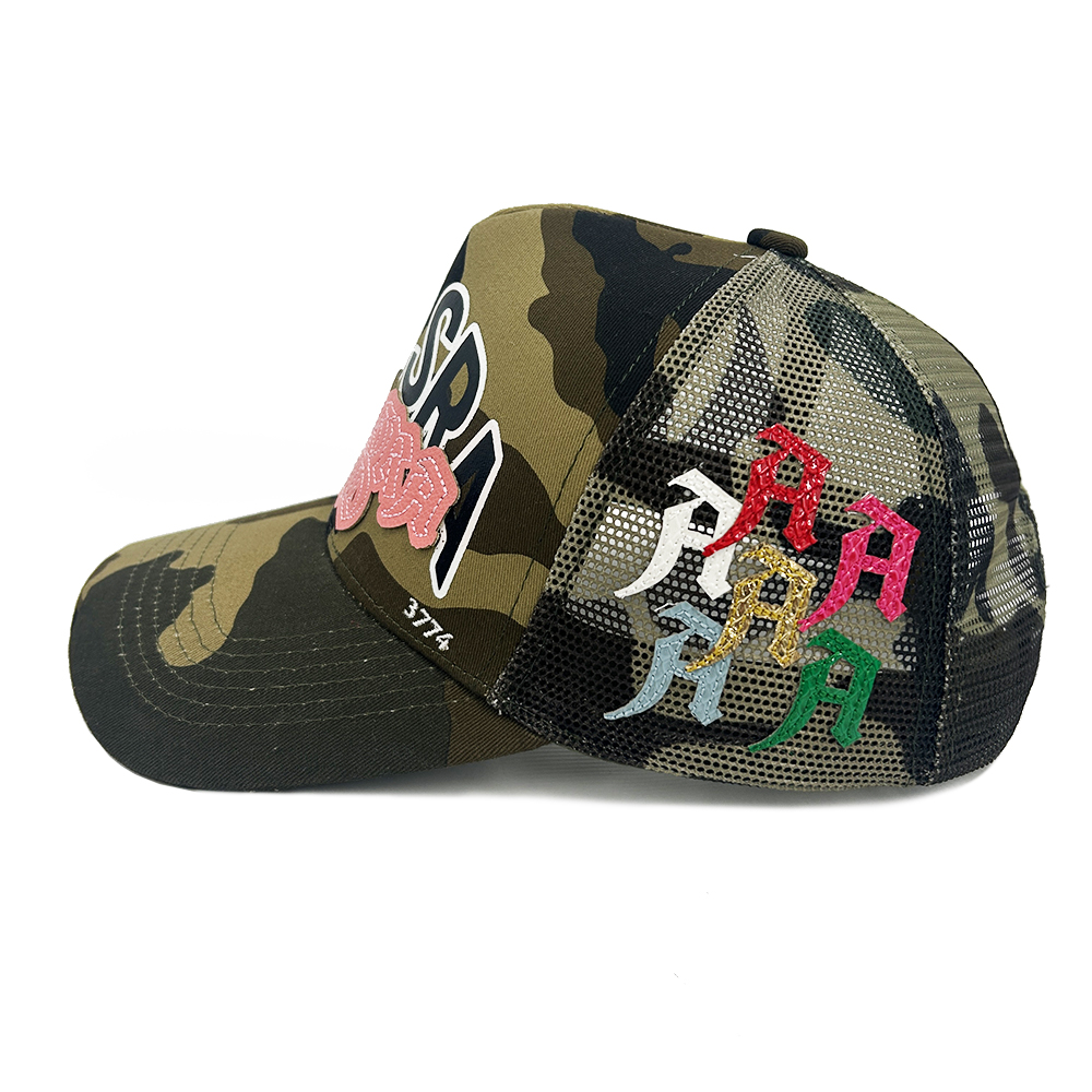 5 Panel Camo Custom Embroidery Trucker Hats Mesh Leather Silk Cotton Patch Screen Printing