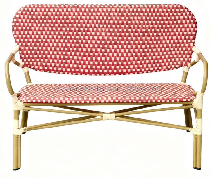 Outdoor French Bistro Rattan Sofa Bench Chair Rattan Restaurant Sofa Burgundy Red for Hotel Resort