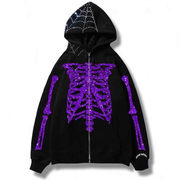 Custom Design Full Zip Up Hoodie with Double Layer Embroidery and Rhinestone Bling