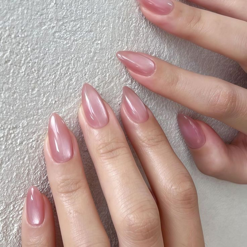 Solid Color Holographic False Nails Pink Reusable Long Almond Nails