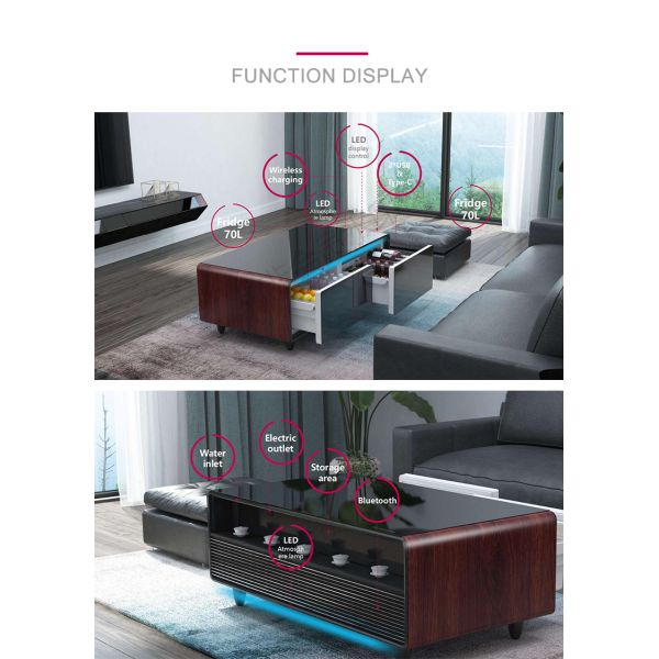 Hotel Fridge Wine Cooler with Music Speaker and Wireless Charging in Black Wood Grain