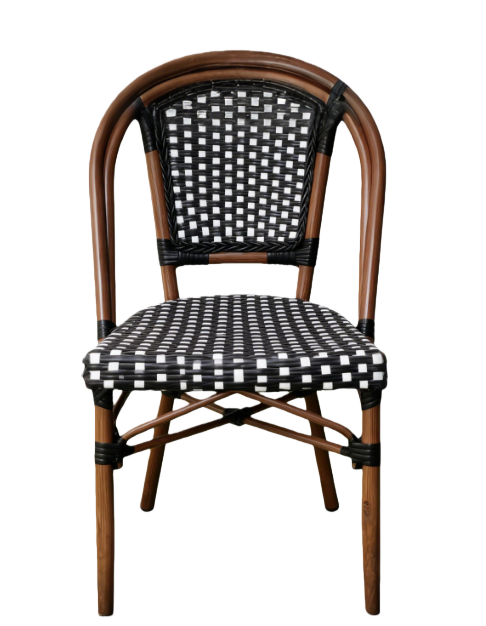 Commercial Use French Style Woven Rattan Chair Black White Checkered Patio Dining Chair for Cafe Restaurant Hotel
