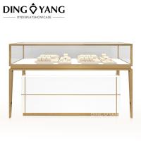High End Large Jewelry Display Case For Jewelry Store, Golden Hairline Stainless Steel And Ultra-Clear Tempered Glass
