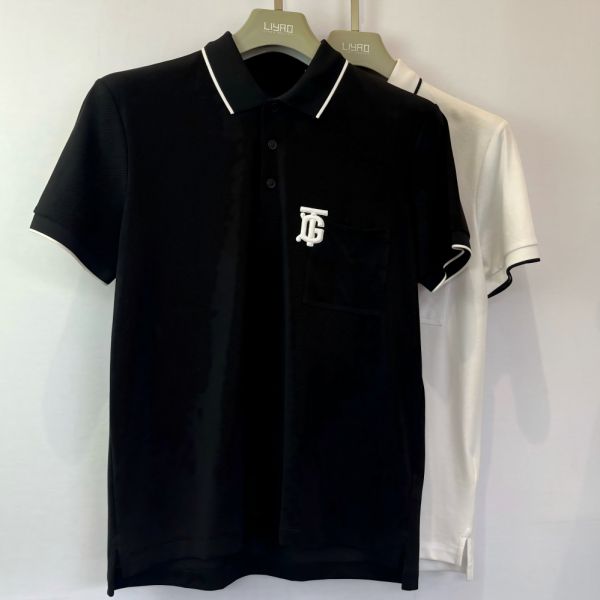 Men's Logo - Embroidered Polo Shirt | Black with White Trim Chest Pocket & Monogram Trendy Design Pique Men's Polo Shirt