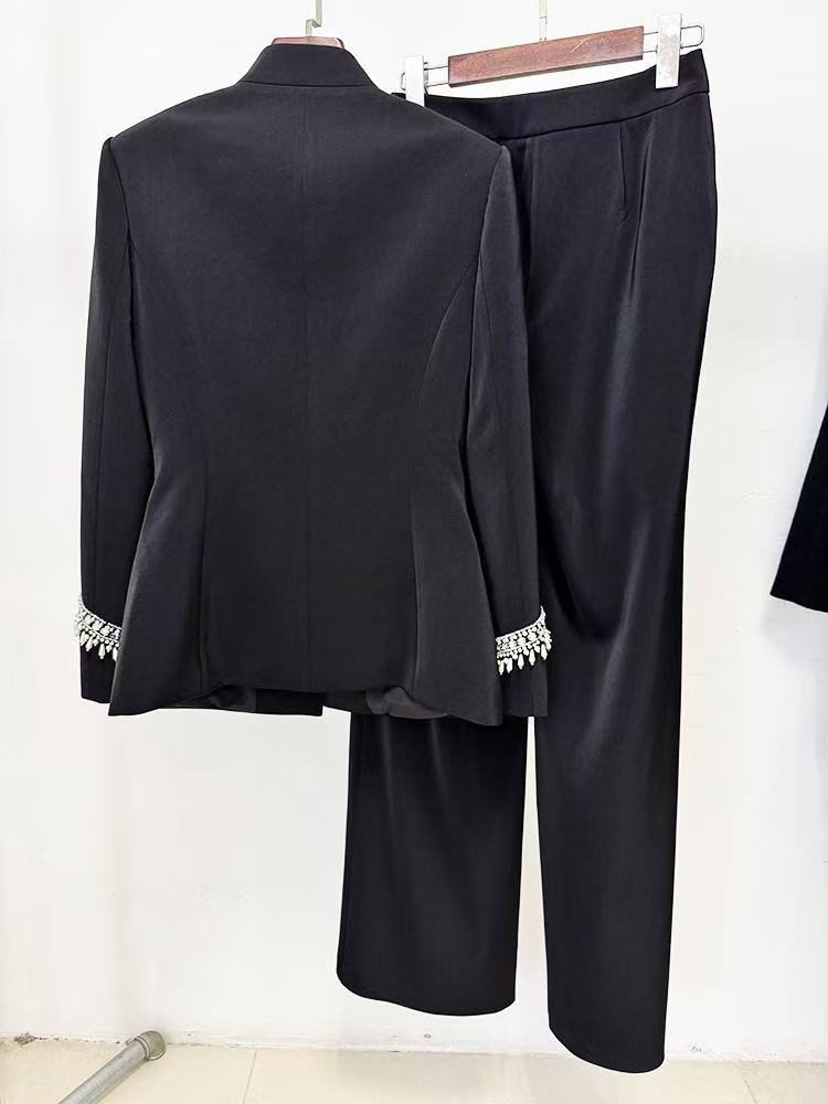 Embellished Women's Suit Set with High-Waisted Wide-Leg Pants for Elegant Formal Wear