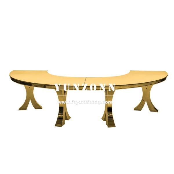 Modern Gold Cross X Legs Serpentine S-Shape Glass and Metal Wedding Dining Banquet Table for Outdoor Hotels Events Parties