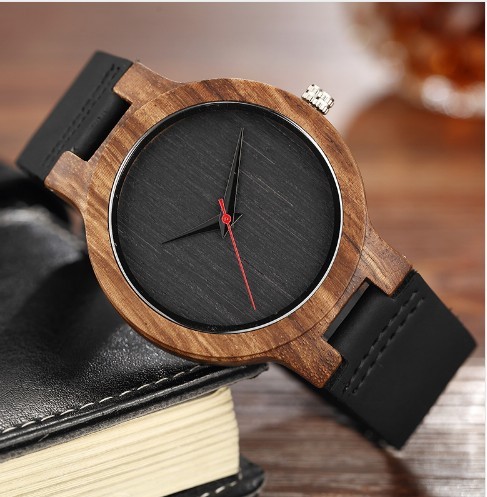 Дозор кварца простой шкалы деревянный с кожаным диапазоном и батареей 2 год