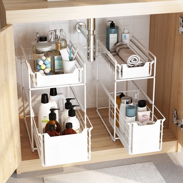 Upgraded Foldable Push-pull Metal Double-layer Bathroom Storage Organizer Under Sink Storage Rack for Kitchen Cabinet Countertop