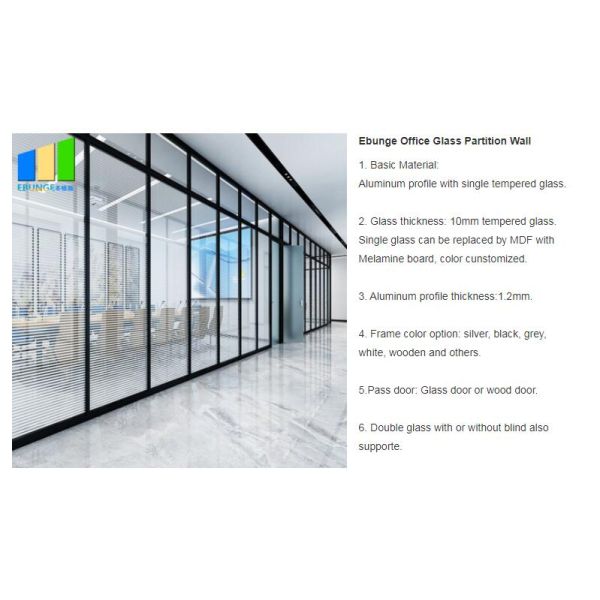 EBUNGE 10mm Environmental Aluminum Tempered Single Glass Office Partition Walls