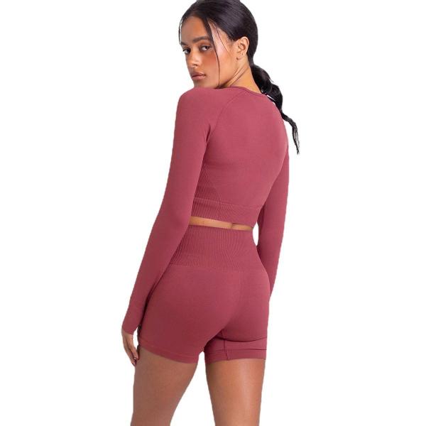 Knitted solid color long sleeved pants three-minute running suit running fitness yoga dress two-piece female suit