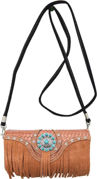 WESTERN STYLE FRINGE CONCHOS GEM RHINESTONE STUDDED BRAIDED LEATHER PURSE COUNTRY HANDBAG WOMEN SHOULDER BAG WALLET SET