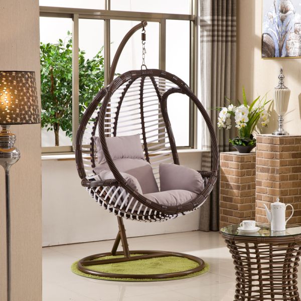 Indoor/Outdoor Metal Frame Round PE Rattan Swing Chair with Waterproof Fabric Cushion