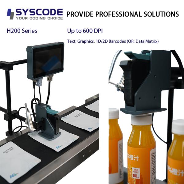 Syscode H200 Imprime datos variables a través de Ethernet, perfecto para líneas de producción de alimentos, farmacéuticos y cosméticos, fácil de integrar y operar.