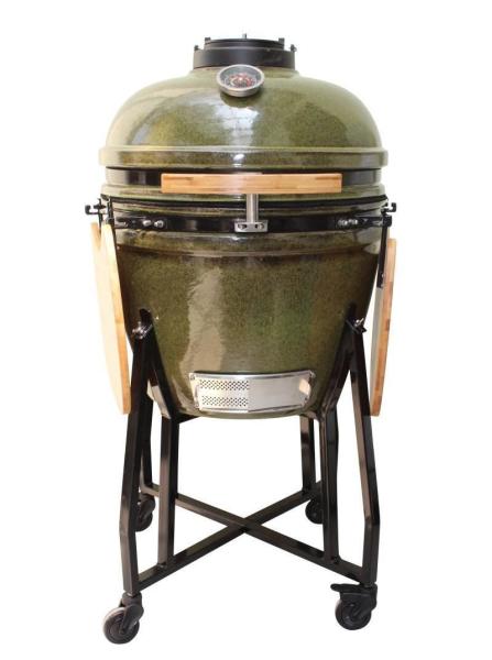 Ceramic Kamado Grill 23 Inch Outdoor Charcoal Tropical Green Color 59cm With Cart And Side Tables