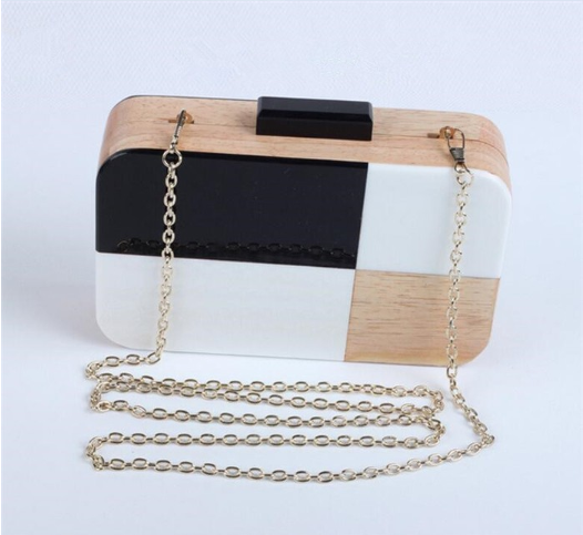 Natural Black White Acrylic Wooden Clutch Bag With Snake Shape Chain