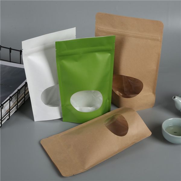 food grade Doypack k Brown green White craft Kraft Paper Standing Up Pouch bag with zipper and clear window