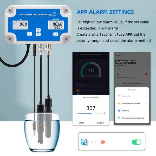 Smart Tuya Wifi Digital PH Meter with -2000~+2000mv ORP Monitoring Controller and 0-14PH Online PH Meter