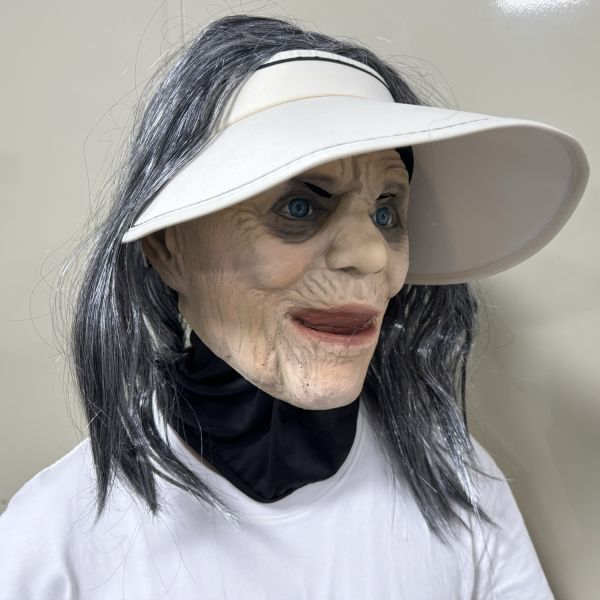 Old Lady Human Face Mask with Wig and Visor, Realistic Latex Elder Woman Mask for Halloween Cosplay Costume, Props
