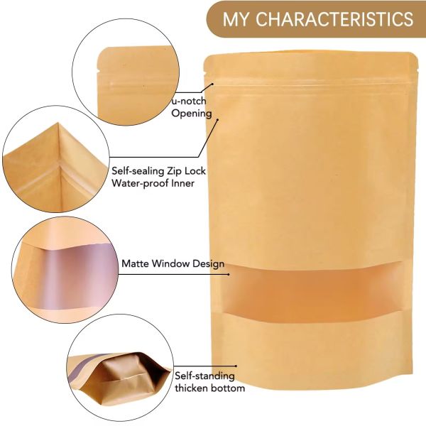 Wholesale Custom Clear Window Resealable Food Grade Packaging Kraft Paper Stand up Pouch for Food Storage