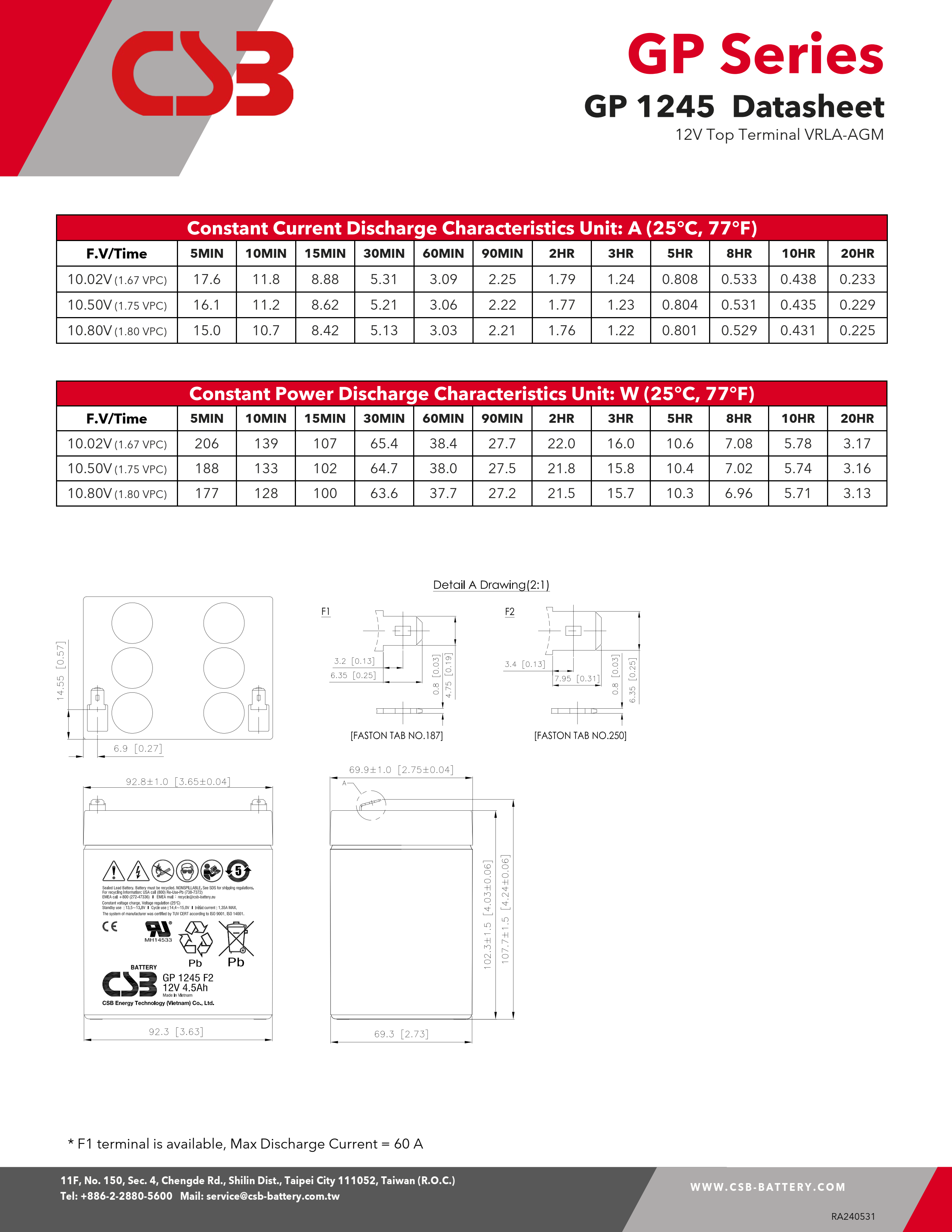 CSB Battery GP1245 12V 4.5Ah Energy Storage Maintenance Free Rechargeable VRLA 12V 4.5Ah CSB Battery
