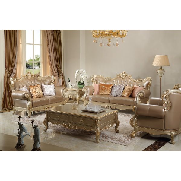 Brown Genuine leather 1+2+3seat Sofa in Classic carving Furniture Sliver color Joyful Ever