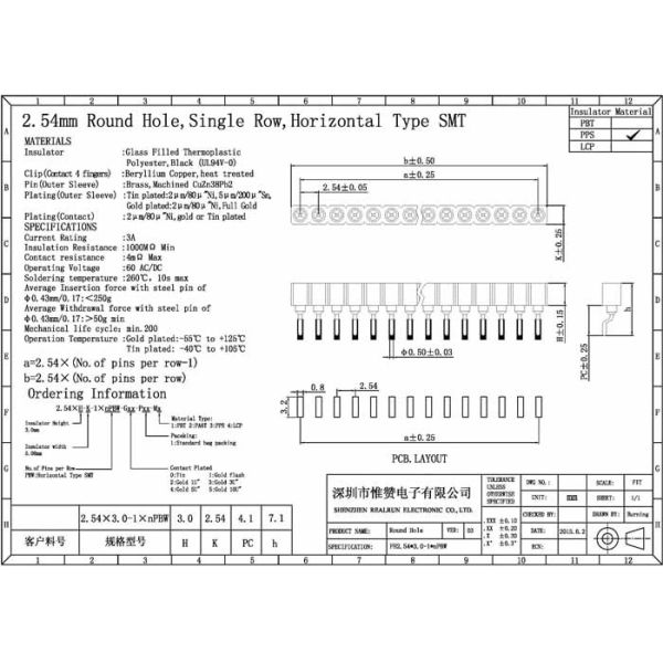 SMT Type Round Female Pin Header Connector Single Row 2.54mm Pitch Horizontal