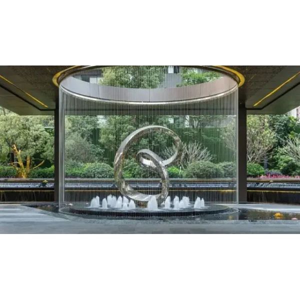 Custom Stainless Steel Fountain Sculpture 316L Hoop Design for Luxury Real Estate and Architectural Outdoor Decorative Applications