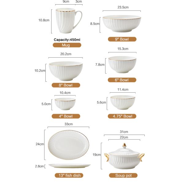 Gold line White Bone china embossed tableware Wedding Ceramic charger plate Dinner plate dish bowl mug coffee cup freely