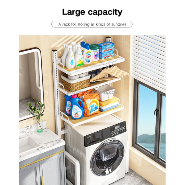 Stainless Steel Metal Adjustableover Toilet Organizer Storage Dryer Stand Wooden Towel Rack Shelf Washing Machine for Bathroom
