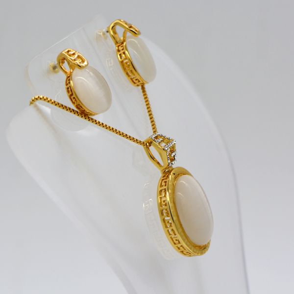 New Trendy Natural opal Necklace Set 18K Real Gold Plated Rhinestone Necklace Earrings