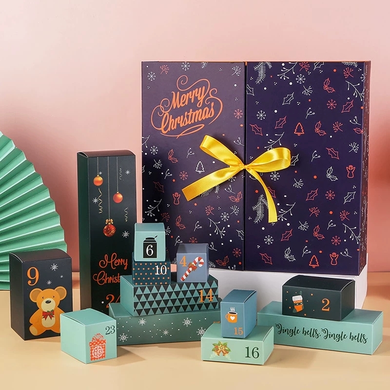 Double Door Christmas Advent Calendar Box Ribbon Tie Rigid Gift Packaging