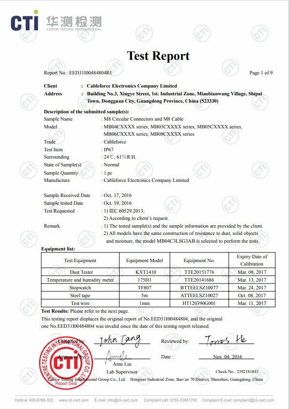 Dongguan Cableforce Electronics Co., Ltd Сертификации
