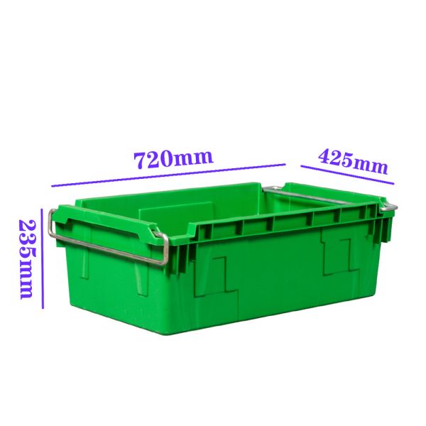 Industrial Stack And Nest Plastic Crate With Metal Swing Arms 45L PP Storage Crate 720×425×235mm OEM Manufacturer