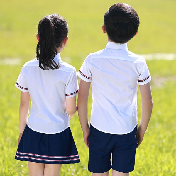 Square Collar Polyester Kids School Uniform White Short Shirt For Girls And Boys