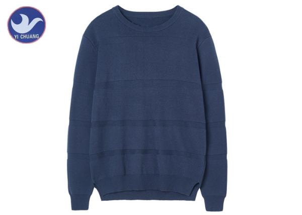 Plain Color Stripes Blue Cable Knit Sweater Mens Round Neck Navy Stylish Jumper
