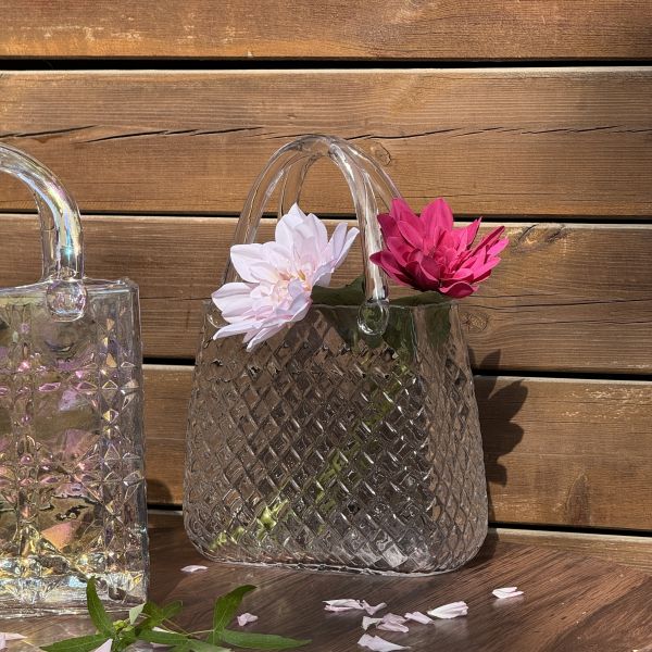 Hand-Blown Diamond Pattern Glass Handbag Vase - Versatile Decorative Centerpiece for Home & Wedding Decor