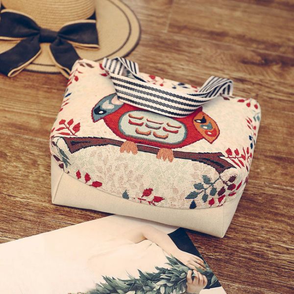 Cartoon Owl Print Canvas Shopping Bags Large Capacity For Women