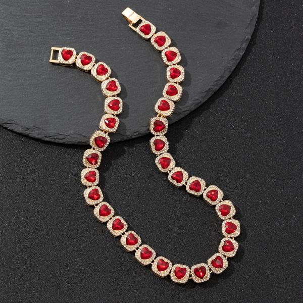 Fashion Red Heart Necklace Hiphop Heart Link Tennis Chain Necklace For Women Men Hip Hop Rapper Jewelry Gifts