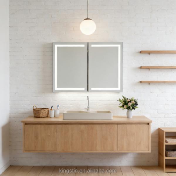 Kingstin Modern Bathroom LED Mirror with Built-in Storage Cabinet Double Door Illuminated Vanity Mirror for Small Toilet