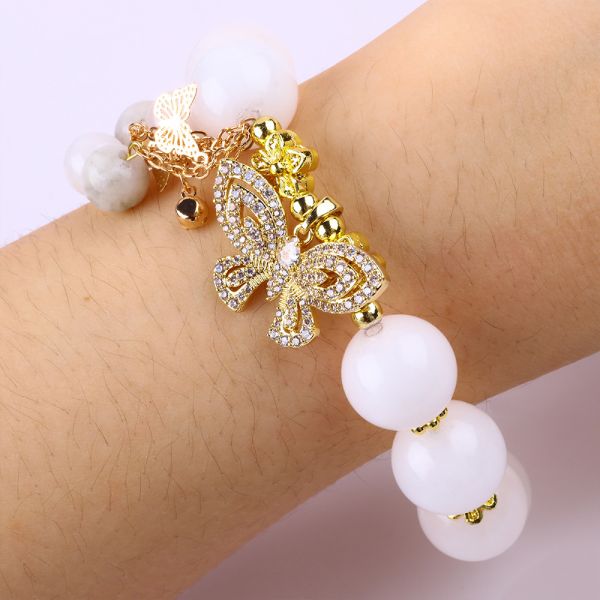 Natural White Agate 14MM Crystal Single Circle Hand String Butterfly Charm Bracelet For Gift