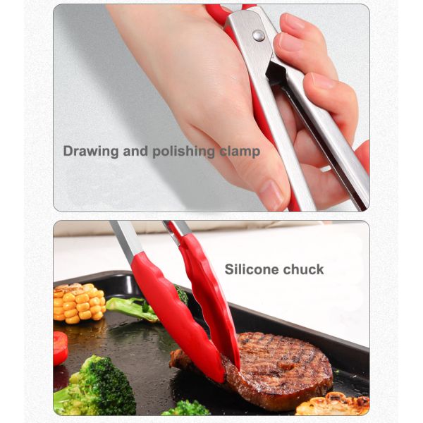 Red Silicone Clamp Stainless Steel Kitchen Grill Tongs for Outdoor Camping BBQ Buffet