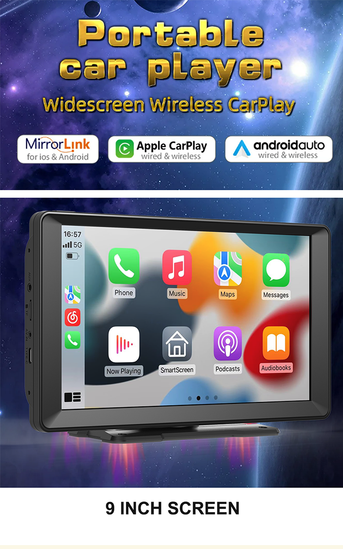 9 Inch IPS Touch Screen Portable Car Stereo Player 1080P With Wireless Apple CarPlay
