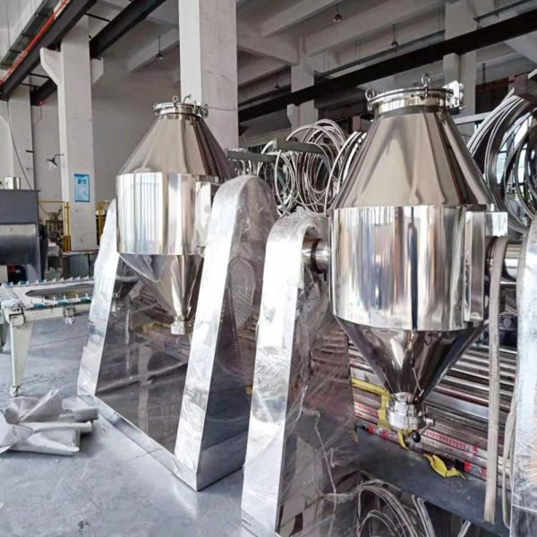 Custom stainless steel dual cone mixer with low-residue conical mixing structure. Simple design for uniform blending of powdered or granular materials in chemical, pharmaceutical, food processing