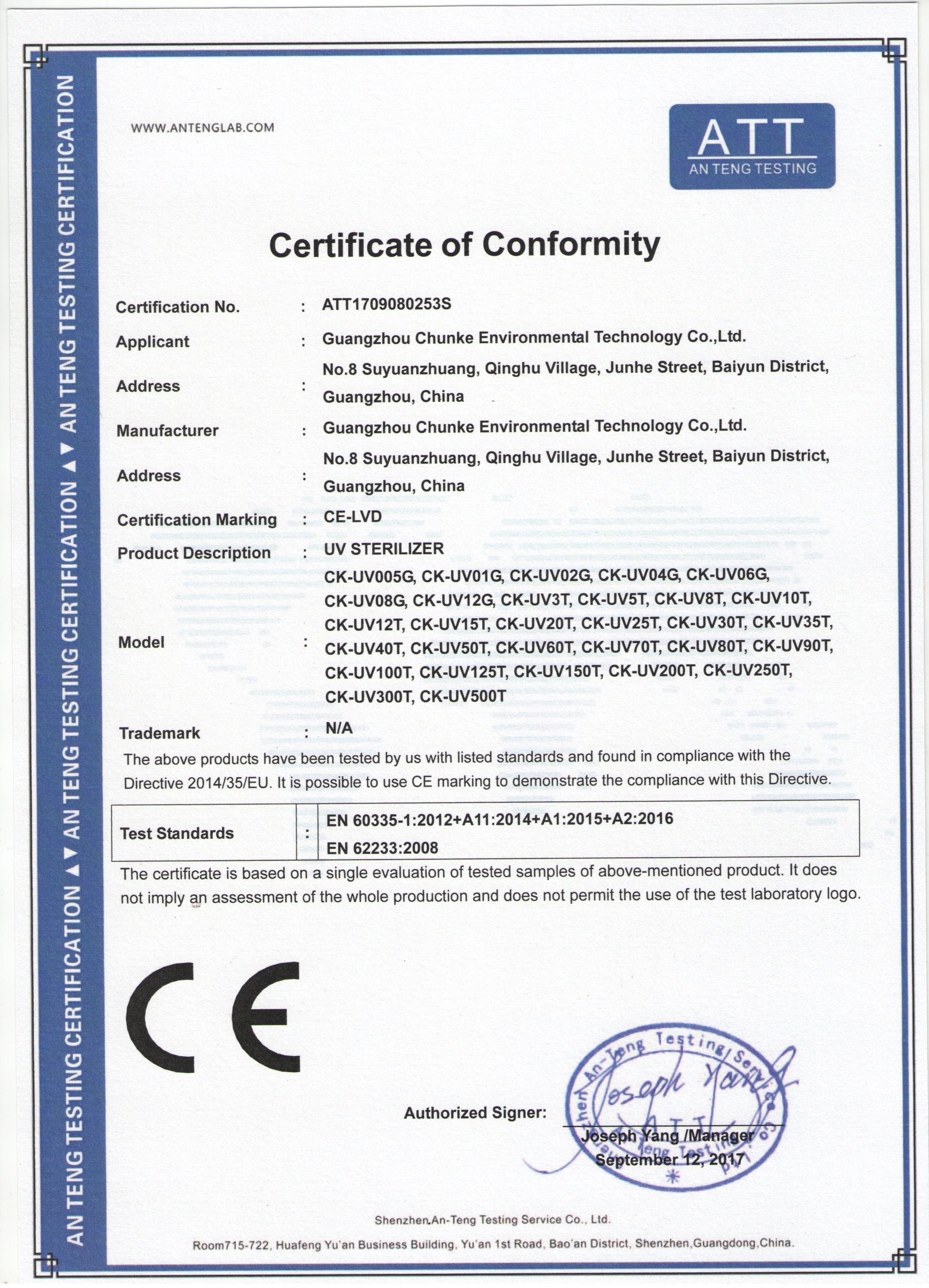 Guangzhou Chunke Environmental Technology Co., Ltd. Сертификации