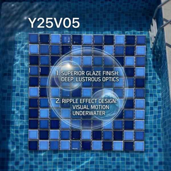 2026 Popular Water Ripple Porcelain Mosaic Tile Blue Green Glossy Anti-Slip Ceramic Pool Tile for Swimming Pool Decoration