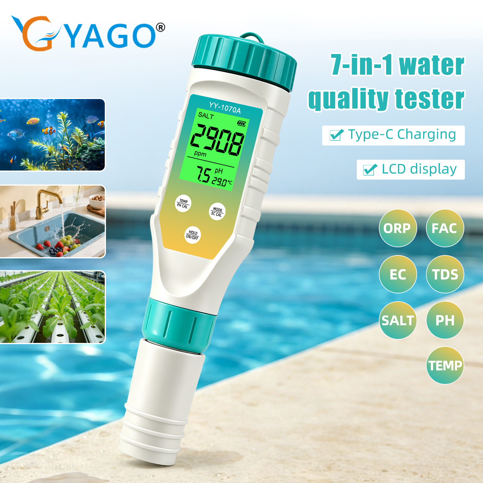 7-in-1 Water Quality Test Pen, pH Salinity ORP TDS EC FAC TEMP, Simultaneous Green Backlight Display, Rechargeable