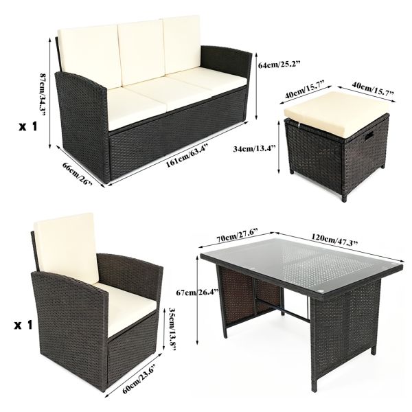 Outdoor Garden and Patio Furniture Set Dining Table and Chairs Rattan  2 Seat and Single Armchair 2 Pieces Stool 1 Piece Table