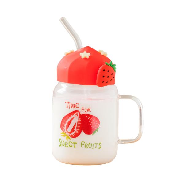 Summer Transparent Fruit High-temperature Glass Cup Cute Large-capacity Covered Straw Student Girls' Milk Breakfast Cup