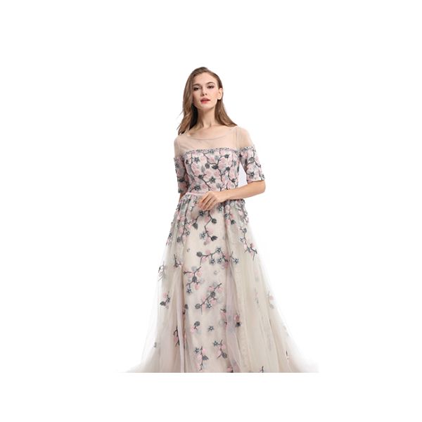 Soft Tulle Neck Embroidery Flower Wedding Bridesmaid Dresses Half Sleeve